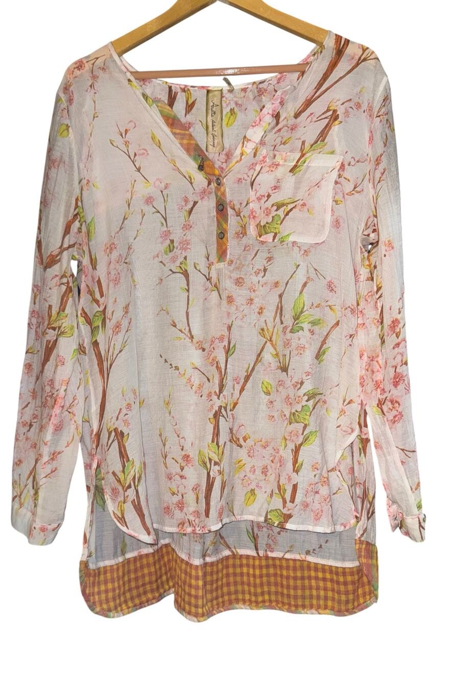 Aratta Silent Journey Cherry Blossom Lightweight Top Women's Large‎ Floral ~Flaw